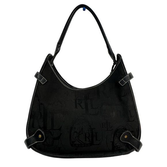 LRL Lauren Ralph Lauren Black Shoulder Bag Signature Logo Canvas Buckles Flawed - Picture 3 of 13